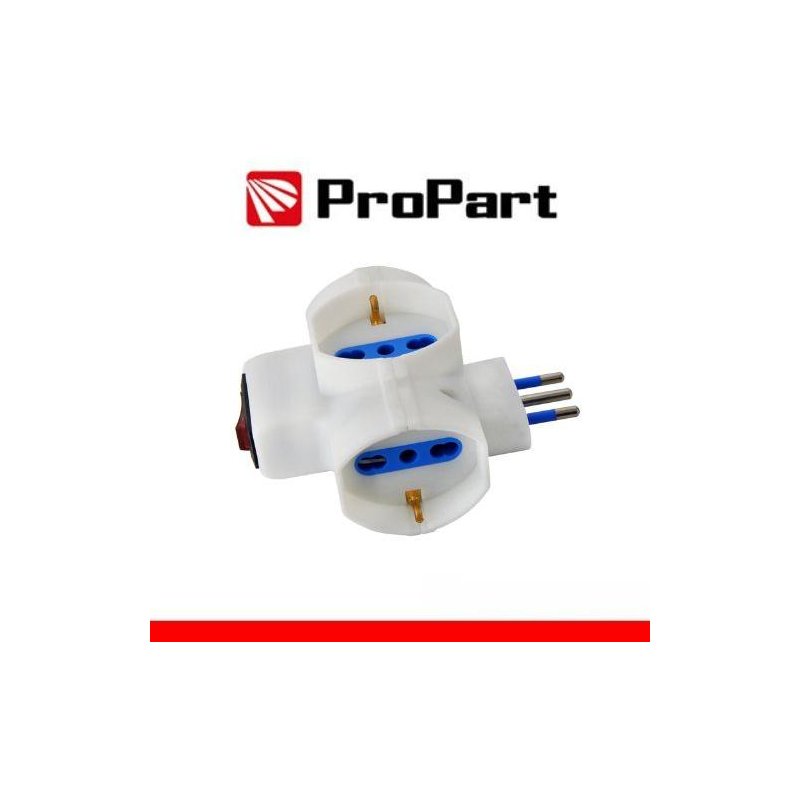 Adattatore 3 prese 2P+T 10/16A bipasso/Schuko con interrutt. Spina 10A