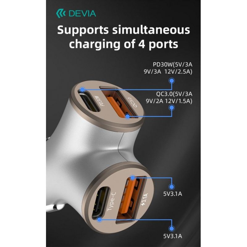 Caricatore rapido da auto con 2 out Usb A e 2 Out Tipo-C 48 Watt
