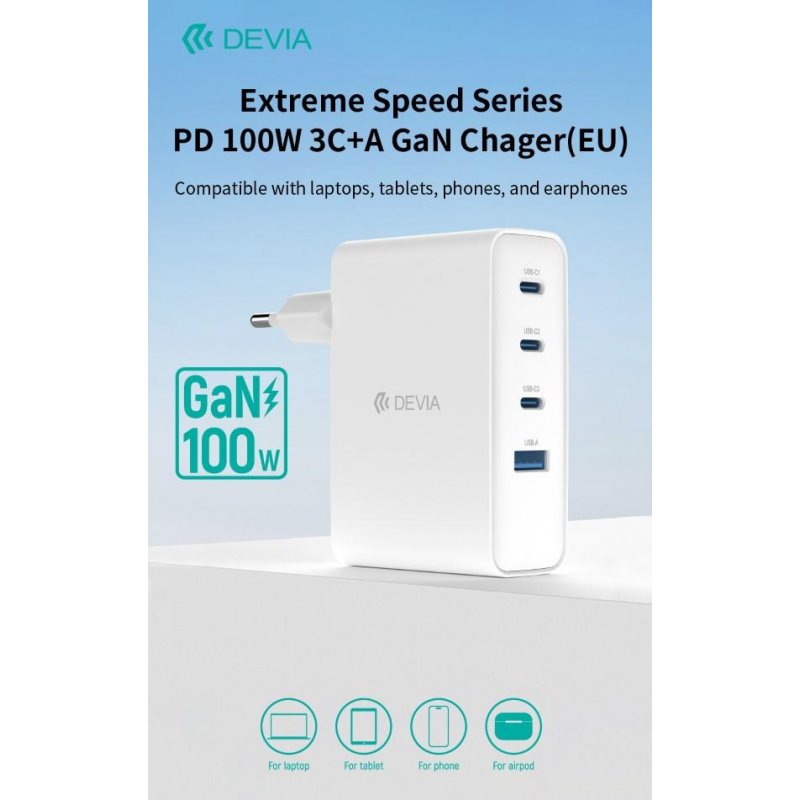 Carica batterie PD da 100 Watt GaN 3 uscite Tipo-C e una Usb A
