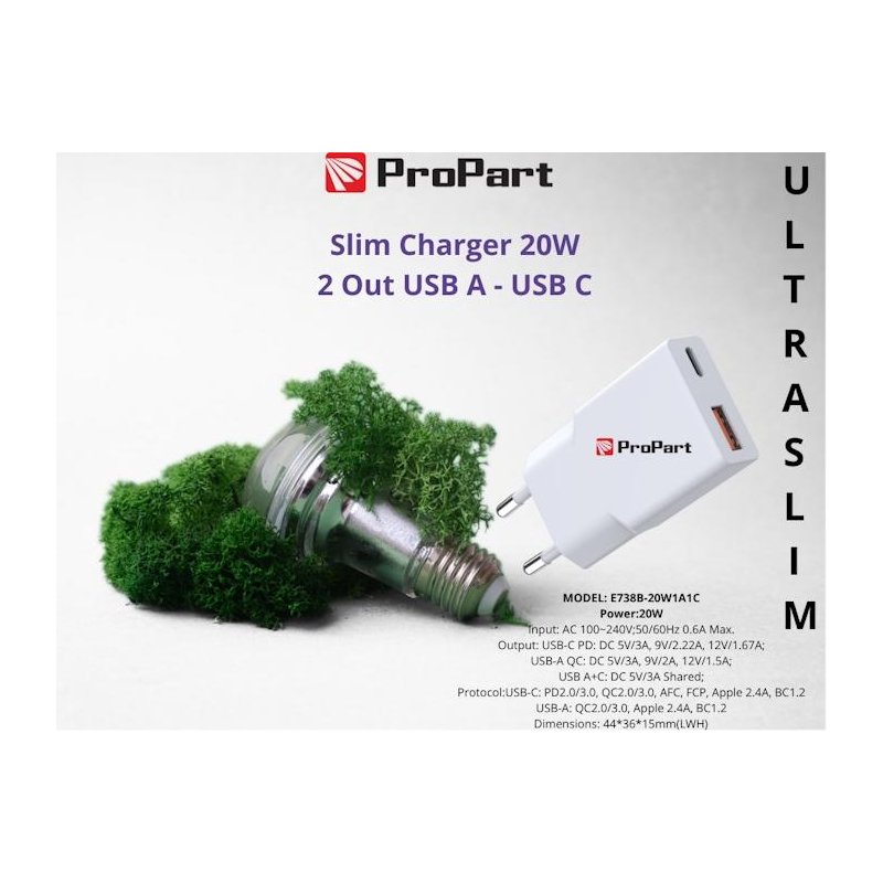 Slim Carica Batterie 20W 2 Out USB A - USB C