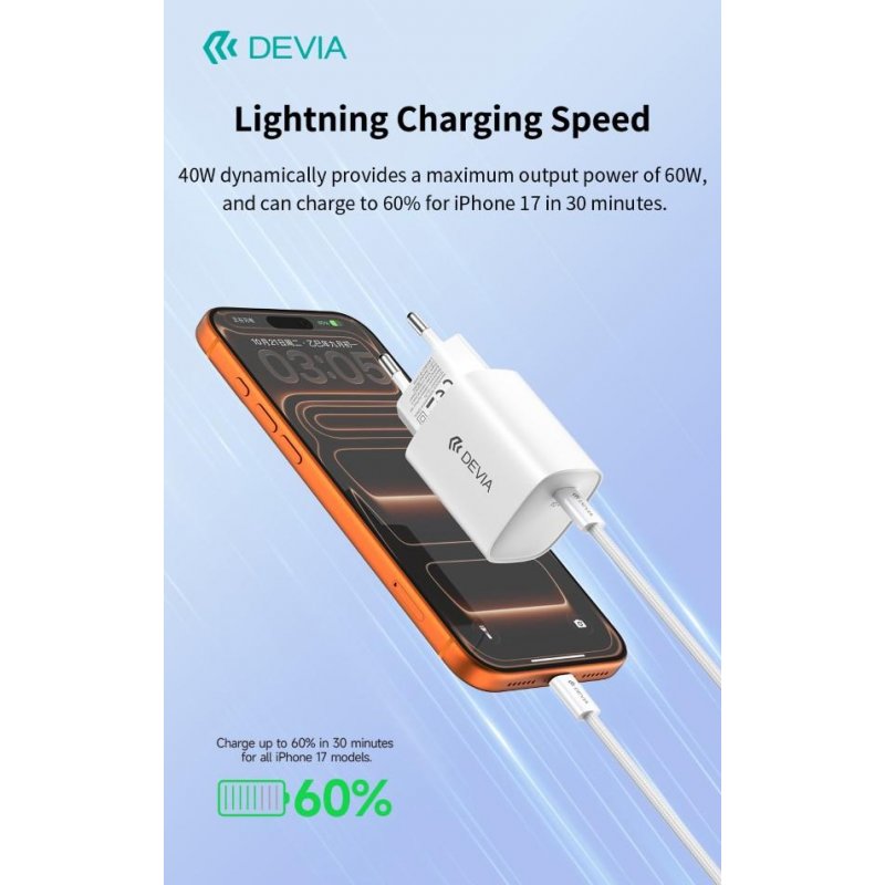 Ultra6 GaN Fast Charger PD 40W / EU 60W – Con Cavo incluso USB-C Ricarica Rapida Bianco