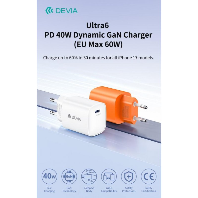 Ultra6 GaN Fast Charger PD 40W / EU 60W – USB-C Ricarica Rapida Bianco