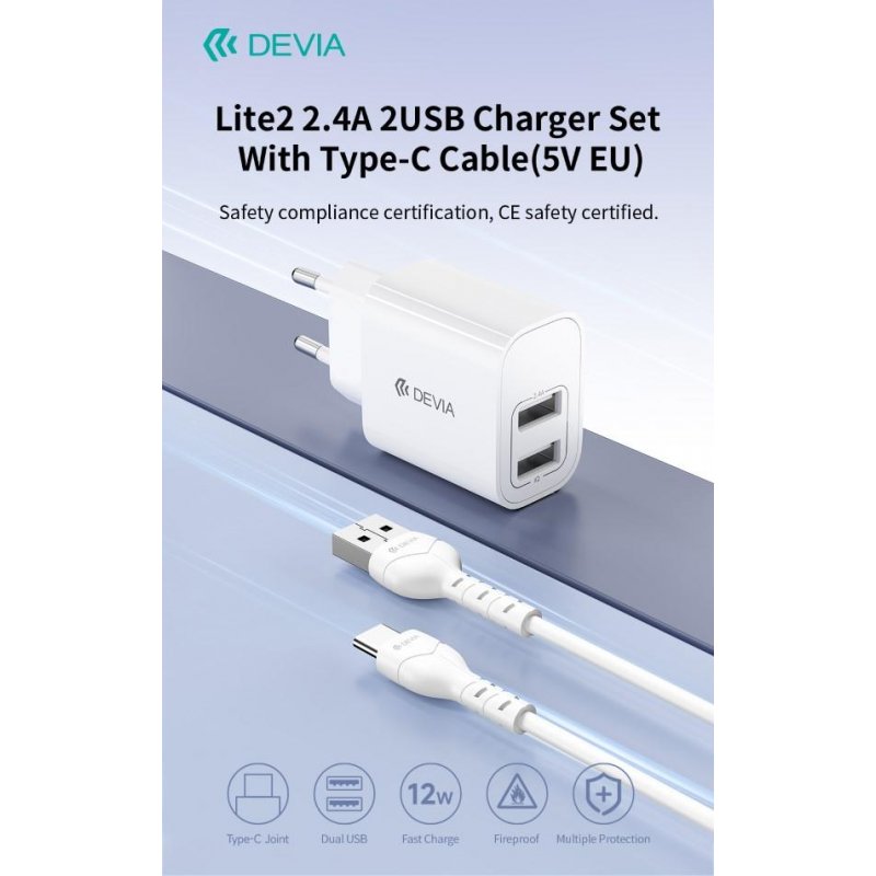 Caricabatterie 2.4A 2 USB-A 5V 12 Watt Con Cavo Tipo-C Bianco