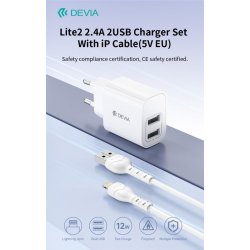 Caricabatterie 2.4A 2 USB-A 5V 12 Watt Con Cavo Lightning Bianco