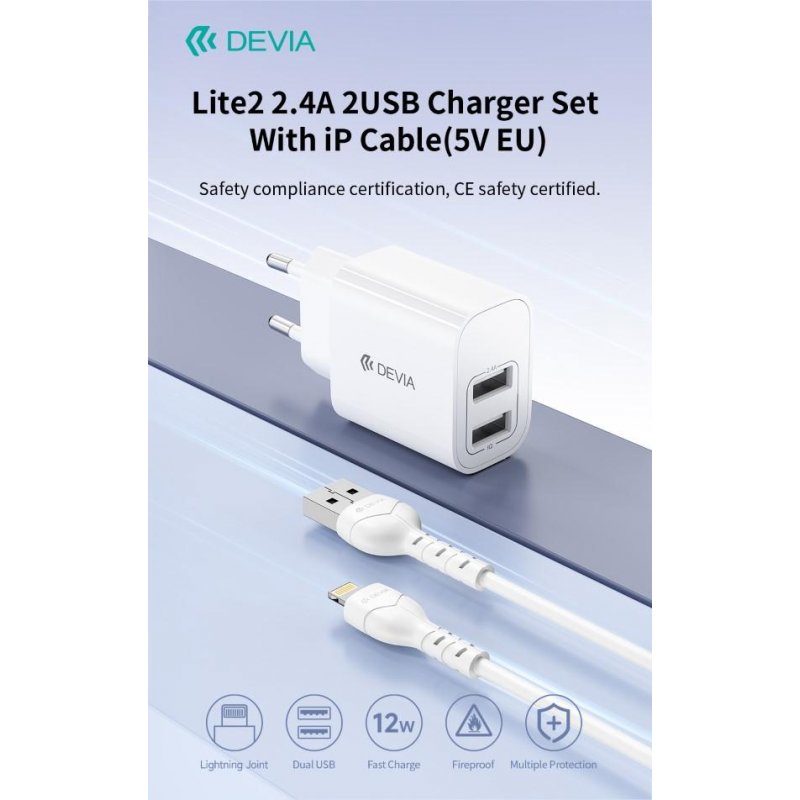 Caricabatterie 2.4A 2 USB-A 5V 12 Watt Con Cavo Lightning Bianco