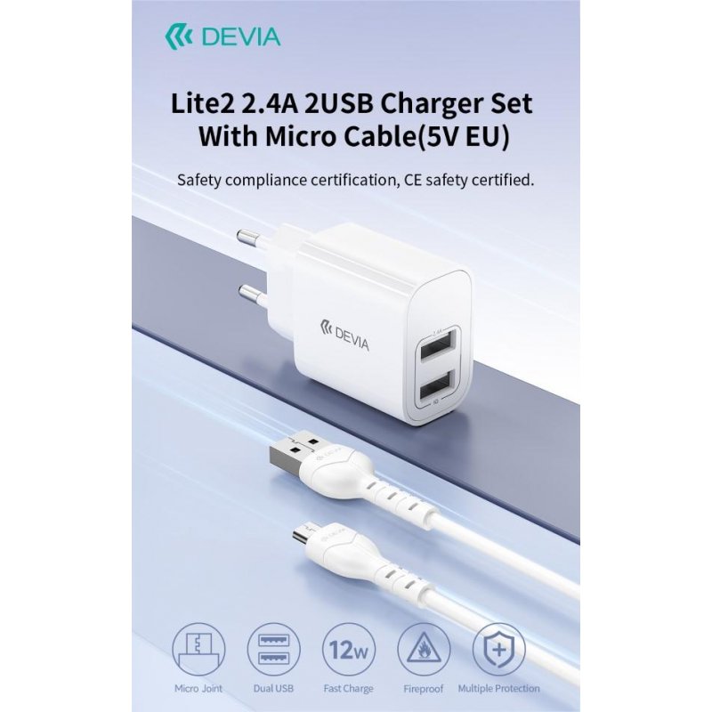 Caricabatterie 2.4A 2 USB-A 5V 12 Watt Con Cavo M-Usb Bianco