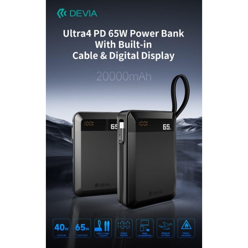 Power Bank Ultra4 PD 65W con cavo integrato e display digitale 20000mAh