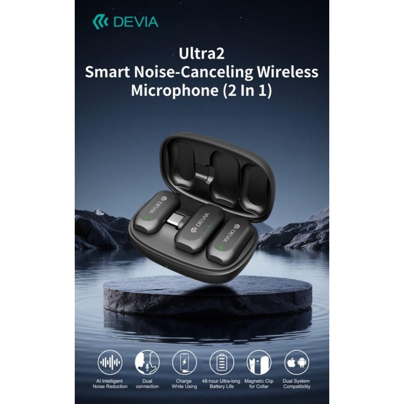 Ultra2 Doppio Microfono Wireless con Riduzione Rumore AI e Clip Magnetica connessione tipo-C e Lightning