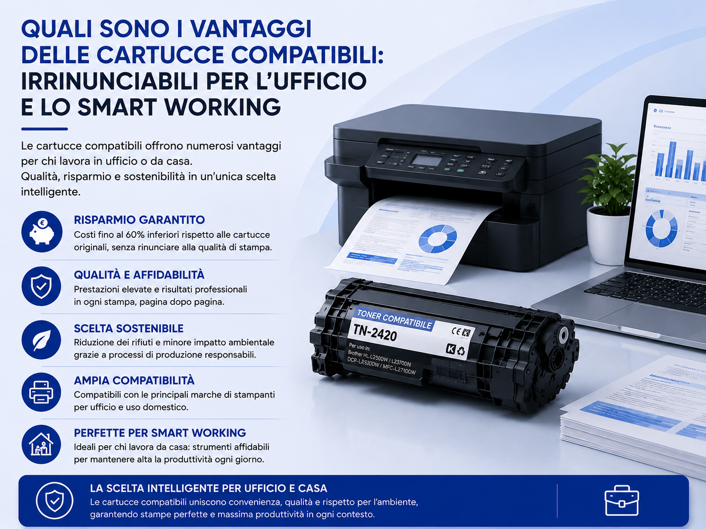 Le cartucce compatibili offrono numerosi vantaggi, rendendole una scelta ideale sia per l’ufficio che per lo smart working.
